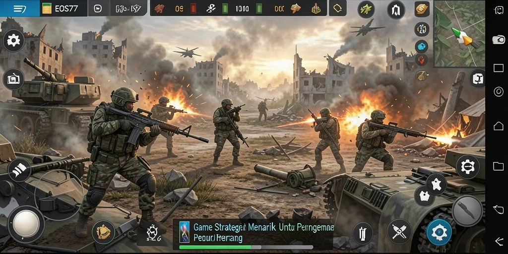 Screenshot utama dari gameplay <strong>EOS77</strong> yang menunjukkan strategi dan pertempuran seru.