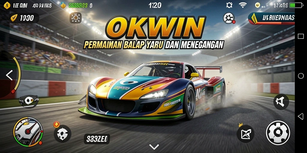 Tangkapan layar OKWIN menampilkan aksi balapan yang mendebarkan dan visual yang menawan.